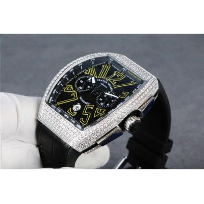 Replica Vanguard Japan VK Quartz Chronograph Movement Mens Watch Black Dial Diamonds Case Leather Strap A E71