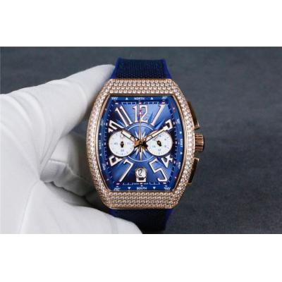 Replica Vanguard Japan VK Quartz Chronograph Movement Mens Watch Blue Dial Diamonds Case Leather Strap B E71