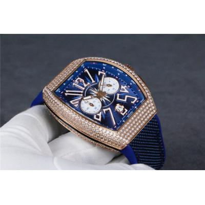 Replica Vanguard Japan VK Quartz Chronograph Movement Mens Watch Blue Dial Diamonds Case Leather Strap B E71