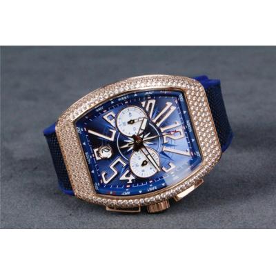 Replica Vanguard Japan VK Quartz Chronograph Movement Mens Watch Blue Dial Diamonds Case Leather Strap B E71