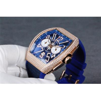 Replica Vanguard Japan VK Quartz Chronograph Movement Mens Watch Blue Dial Diamonds Case Leather Strap B E71