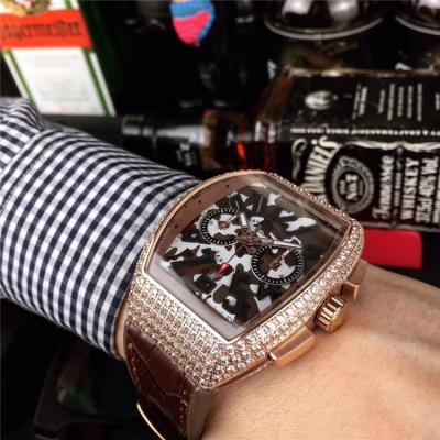 Replica Vanguard Japan VK Quartz Chronograph Movement Mens Watch Brown Dial Diamonds Case Leather Strap E77