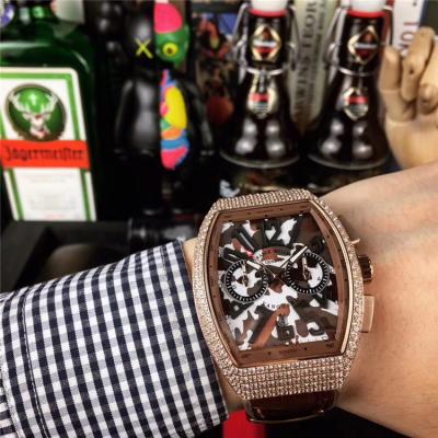 Replica Vanguard Japan VK Quartz Chronograph Movement Mens Watch Brown Dial Diamonds Case Leather Strap E77