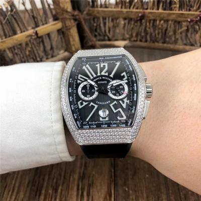 Replica Vanguard Japan Quartz Chronograph Movement Mens Watch Black Dial Diamonds Case Leather Strap E78