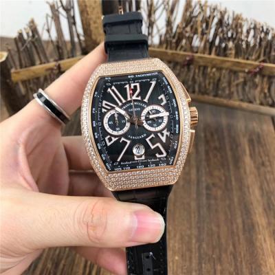 Replica Vanguard Japan Quartz Chronograph Movement Mens Watch Black Dial Diamonds Case Leather Strap E78