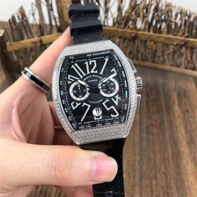 Replica Vanguard Japan Quartz Chronograph Movement Mens Watch Black Dial Diamonds Case Leather Strap E78