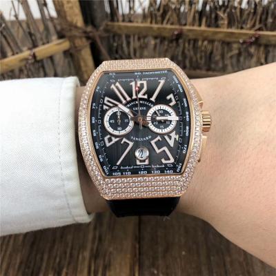 Replica Vanguard Japan Quartz Chronograph Movement Mens Watch Black Dial Diamonds Case Leather Strap E78