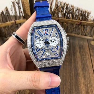 Replica Vanguard Japan Quartz Chronograph Movement Mens Watch Full Diamonds Dial Diamonds Case Leather Strap E79