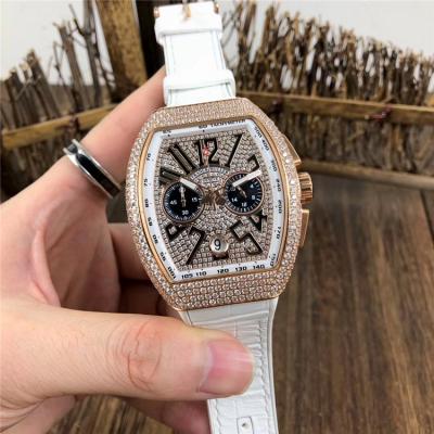 Replica Vanguard Japan Quartz Chronograph Movement Mens Watch Full Diamonds Dial Diamonds Case Leather Strap E79