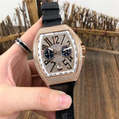 Replica Vanguard Japan Quartz Chronograph Movement Mens Watch Full Diamonds Dial Diamonds Case Leather Strap E79