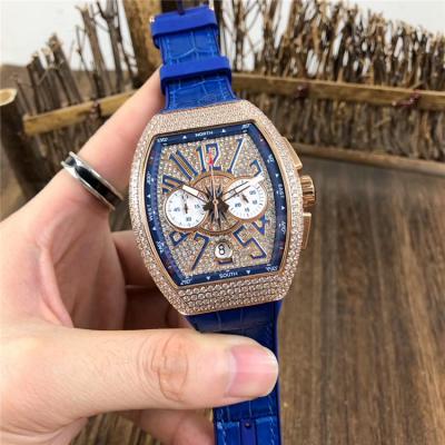 Replica Vanguard Japan Quartz Chronograph Movement Mens Watch Full Diamonds Dial Diamonds Case Leather Strap E79