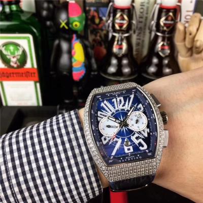 Replica Vanguard Japan Quartz Chronograph Movement Mens Watch Blue Dial Diamonds Case Leather Strap E83