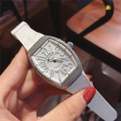 Replica New Models Swiss Quartz Movement Womens Watch White Dial Diamonds Case Leather Strap E84