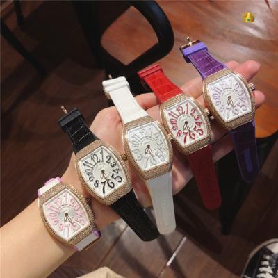 Replica New Models Swiss Quartz Movement Womens Watch White Dial Diamonds Case Leather Strap E84