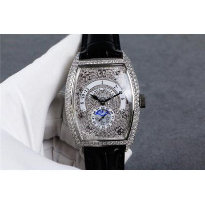 Replica Vanguard A21j Automatic Movement Mens Watch Full Diamonds Dial Diamonds Case Leather Strap E91