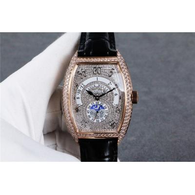 Replica Vanguard A21j Automatic Movement Mens Watch Full Diamonds Dial Diamonds Case Leather Strap E91