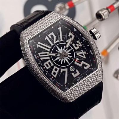 Replica Vanguard A21j Automatic Movement Mens Watch Black Dial Full Diamonds Case Leather Strap E94