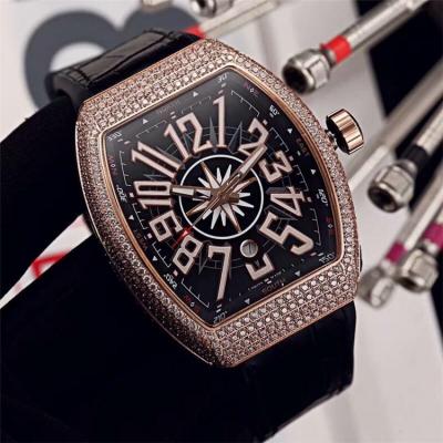 Replica Vanguard A21j Automatic Movement Mens Watch Black Dial Full Diamonds Case Leather Strap E94