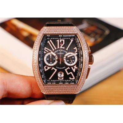 Replica Vanguard Japan Quartz Chronograph Movement Mens Watch Black Dial Diamonds Case Leather Strap E96