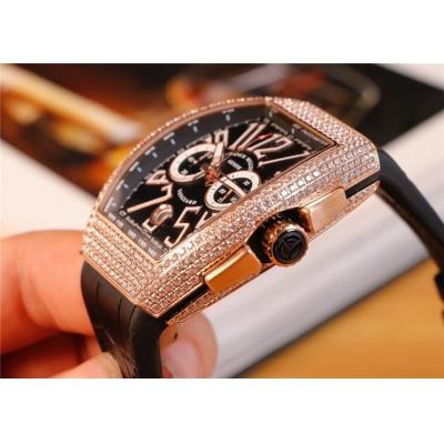 Replica Vanguard Japan Quartz Chronograph Movement Mens Watch Black Dial Diamonds Case Leather Strap E96