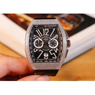 Replica Vanguard Japan Quartz Chronograph Movement Mens Watch Black Dial Diamonds Case Leather Strap E96