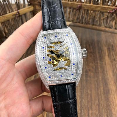 Replica Vanguard A21j Automatic Movement Mens Watch Diamonds Skeleton Dial Full Diamonds Case Leather Strap E97