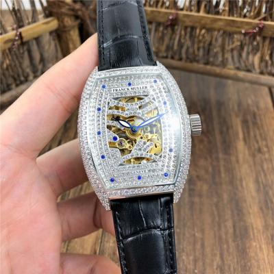 Replica Vanguard A21j Automatic Movement Mens Watch Diamonds Skeleton Dial Full Diamonds Case Leather Strap E97