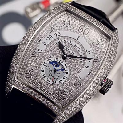 Replica Vanguard A21j Automatic Movement Mens Watch Full Diamonds Dial Full Diamonds Case Leather Strap E101