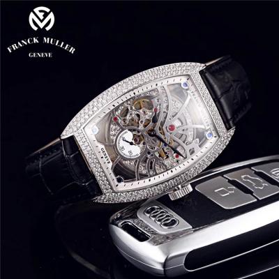 Replica Vanguard A21j Automatic Movement Mens Watch Skeleton Dial Full Diamonds Case Leather Strap E103