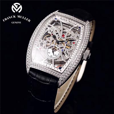 Replica Vanguard A21j Automatic Movement Mens Watch Skeleton Dial Full Diamonds Case Leather Strap E103