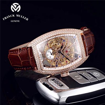 Replica Vanguard A21j Automatic Movement Mens Watch Skeleton Dial Full Diamonds Case Leather Strap E103