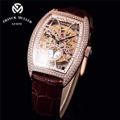 Replica Vanguard A21j Automatic Movement Mens Watch Skeleton Dial Full Diamonds Case Leather Strap E103