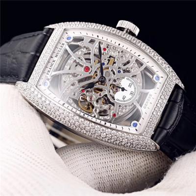 Replica Vanguard A21j Automatic Movement Mens Watch Skeleton Dial Full Diamonds Case Leather Strap E103