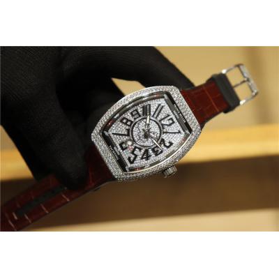 Replica Vanguard Japan Miyota 8215 Automatic Movement Mens Watch Full Diamonds Dial Diamonds Case Leather Strap E120