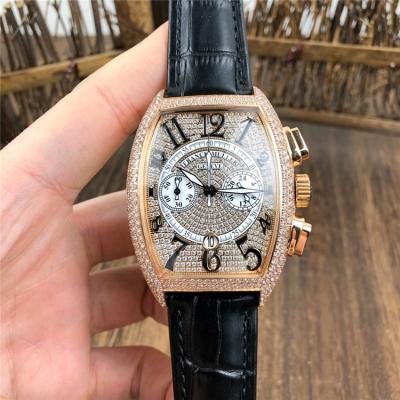 Replica Collection Japan VK Quartz Chronograph Mens Watch Full Diamonds Dial Full Diamonds Case Leather Strap E125