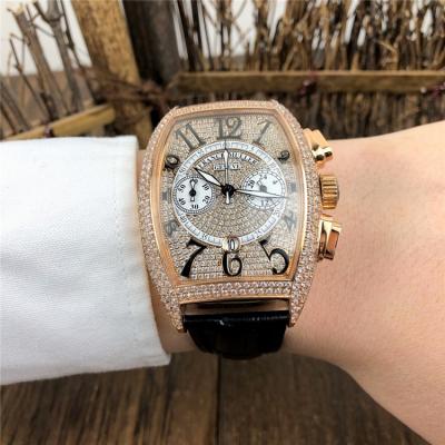 Replica Collection Japan VK Quartz Chronograph Mens Watch Full Diamonds Dial Full Diamonds Case Leather Strap E125