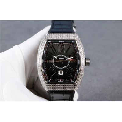 Replica Vanguard A21j Automatic Movement Mens Watch Black Dial Full Diamonds Case Leather Strap A E126