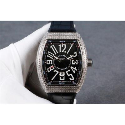 Replica Vanguard A21j Automatic Movement Mens Watch Black Dial Full Diamonds Case Leather Strap A E126