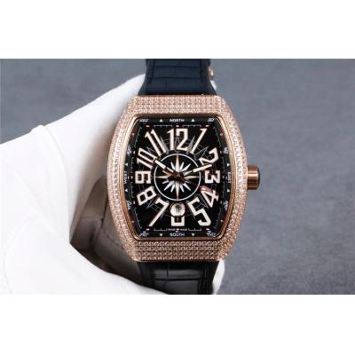 Replica Vanguard A21j Automatic Movement Mens Watch Black Dial Full Diamonds Case Leather Strap A E126