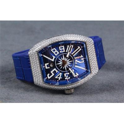 Replica Vanguard A21j Automatic Movement Mens Watch Blue Dial Full Diamonds Case Leather Strap B E126