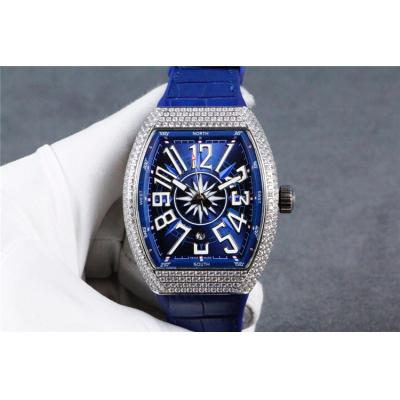 Replica Vanguard A21j Automatic Movement Mens Watch Blue Dial Full Diamonds Case Leather Strap B E126