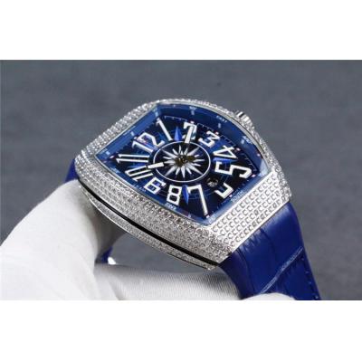 Replica Vanguard A21j Automatic Movement Mens Watch Blue Dial Full Diamonds Case Leather Strap B E126