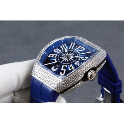 Replica Vanguard A21j Automatic Movement Mens Watch Blue Dial Full Diamonds Case Leather Strap B E126