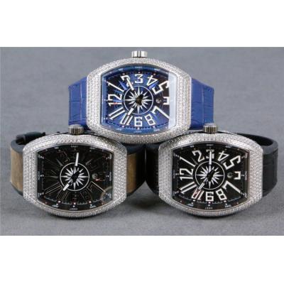 Replica Vanguard A21j Automatic Movement Mens Watch Blue Dial Full Diamonds Case Leather Strap B E126