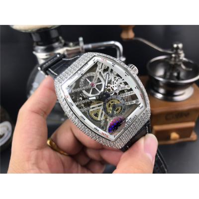 Replica Vanguard A21j Automatic Movement Mens Watch Skeleton Dial Diamonds Case Leather Strap E145