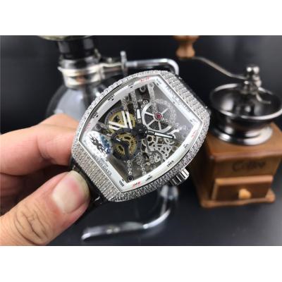 Replica Vanguard A21j Automatic Movement Mens Watch Skeleton Dial Diamonds Case Leather Strap E145