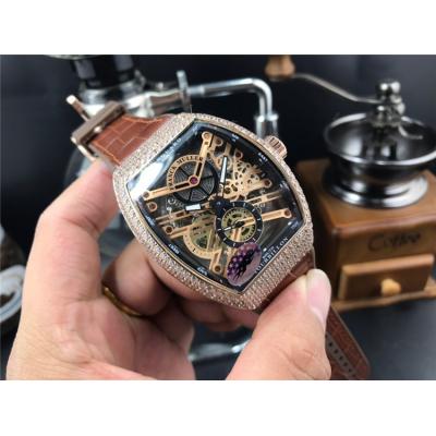 Replica Vanguard A21j Automatic Movement Mens Watch Skeleton Dial Diamonds Case Leather Strap E145