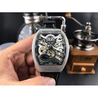 Replica Vanguard A21j Automatic Movement Mens Watch Skeleton Dial Diamonds Case Leather Strap E151