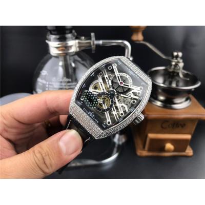 Replica Vanguard A21j Automatic Movement Mens Watch Skeleton Dial Diamonds Case Leather Strap E151