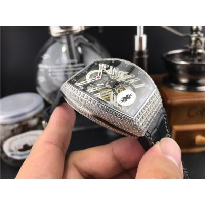 Replica Vanguard A21j Automatic Movement Mens Watch Skeleton Dial Diamonds Case Leather Strap E151